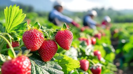 Wall Mural - A vibrant strawberry plantation producing ripe, juicy fruit in rows
