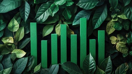 A green bar graph against a backdrop of dense, healthy leaves, illustrating sustainable economic growth with an eco-friendly focus.