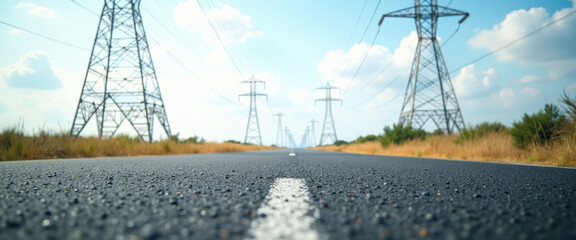 Low Angle View of Asphalt Road with Power Lines in the Background