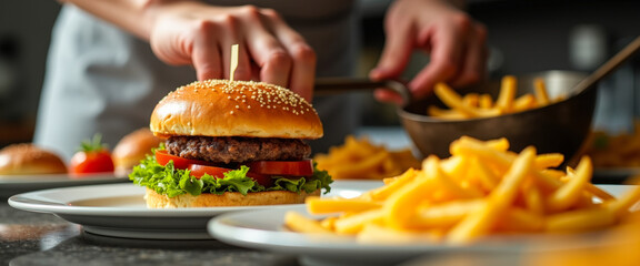 Canvas Print - Close-up of a delicious hamburger and french fries