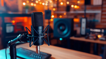 Empty podcast studio interior with no people inside. Media broadcasting and communication room with equipment, neon lighting. Closeup black microphone for sound or audio device