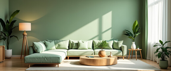 Wall Mural - Modern Living Room with Green Sofa and Natural Light