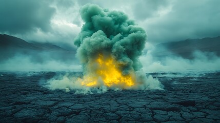 A large green smoke bomb explodes over a cracked desert landscape with flames erupting from the bottom.