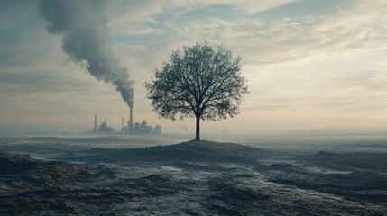 Wall Mural - A single tree surrounded by smoke from a distant factory, highlighting the environmental consequences of industrial carbon emissions.