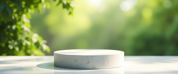 Sticker - White Round Podium on a White Table with Green Bokeh Background