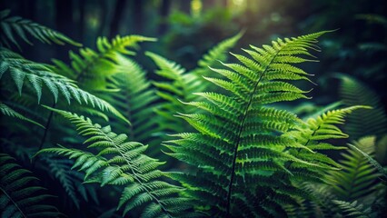 Wall Mural - Close-up photo of lush ferns and greenery in a dark forest setting, ferns, greenery, forest, texture, close-up, plant