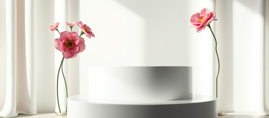 Poster - White Product Display Stand With Pink Flowers