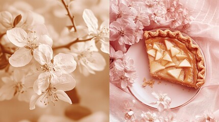 A slice of apple pie with a flaky crust and a sweet, golden filling, surrounded by delicate pink blossoms.