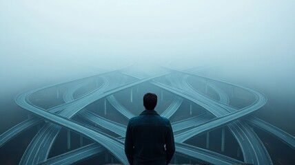 A solitary figure stands at a foggy intersection of highways, symbolizing choices and uncertainty in modern life.