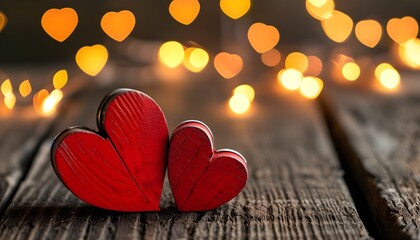 Rustic Wooden Hearts on Table with Warm Bokeh Lights for Romantic Valentines Day and Wedding Inspiration