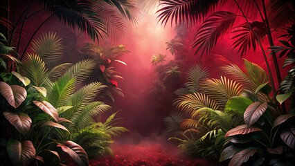 Wall Mural - Dark red jungle background with lush foliage and mysterious atmosphere, jungle, red, dark, background, foliage, lush