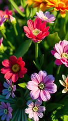 Sticker - Closeup of colorful flowers in a garden