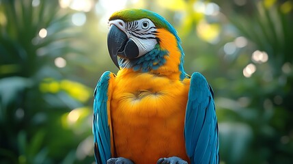 A vibrant blue and yellow macaw parrot with a black beak sits in a lush green rainforest.