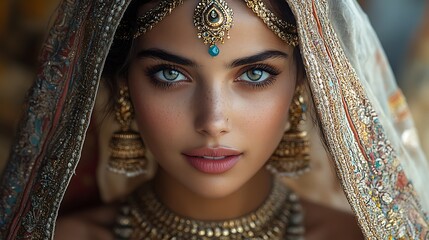 A woman in traditional Indian attire with intricate jewelry. Her eyes are captivating and full of life, as she gazes directly at the camera. 