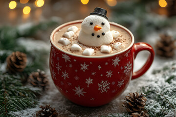 Wall Mural - Red mug with hot chocolate with melted marshmallow snowman