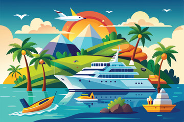 Wall Mural - A serene tropical landscape showcases a cruise liner, sailboats, and seagulls amidst palm trees and distant mountains at sunset.