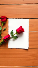 Sticker - Red Rose on Wooden Background with Blank White Paper