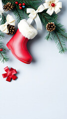 Wall Mural - Festive Christmas Boot with Pine Branches and Red Bow