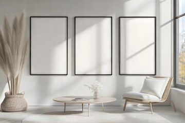 photo Hyper realistic Mockup three poster frame close up in interior background, 3d render