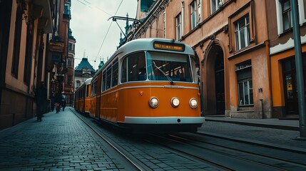 Vintage tram on city street, urban scenery