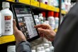 © Aleksandr - Pharmacist Using Digital Tablet for Efficient Inventory Management, Pharmacy Drugstore Background