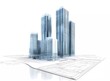 © KBL Sungkid - 3D rendering of a building construction concept with modern skyscrapers and blueprints on a white background, with space for text