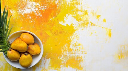 Bowl of yellow fruit on yellow and white background.