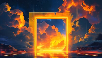 Surreal Neon Portal Amidst Dramatic Cloudscape, Vibrant Orange and Yellow Hues, Sci-Fi Digital Art Concept of Dreamlike Space-Time Gateway in Night Sky