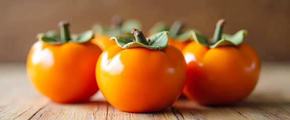 Poster - Close-up of Ripe Persimmons on Wooden Table