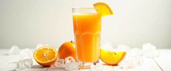 Wall Mural - Glass of Orange Juice with Ice Cubes and Orange Slices