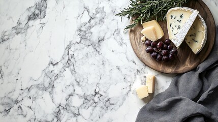 Cheese and grapes on a wooden cutting board.