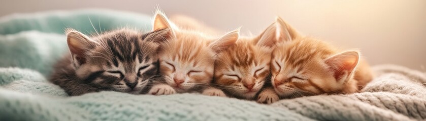 Three adorable kittens peacefully sleeping together on a soft blanket, radiating warmth and cuteness in a cozy setting.