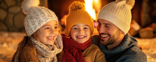 Family Bonding by the Fireplace on a Snowy Winter Evening