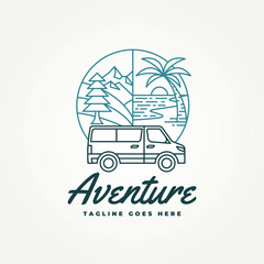 minimalist camper van adventure with a background of beach and mountains line art icon logo vector i