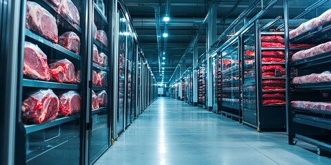 Sticker - Interior of a modern meat freezing warehouse with state-of-the-art refrigeration systems, showcasing advancements in food preservation technology. 