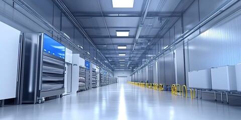 Canvas Print - Interior of a modern meat freezing warehouse with state-of-the-art refrigeration systems, showcasing advancements in food preservation technology. 