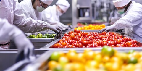 Poster - Industrial workers in a food processing plant sorting and packaging fruits and vegetables 