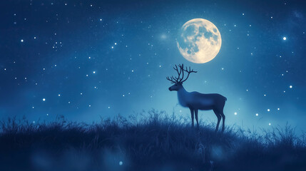 Wall Mural - A reindeer stands on a hill under the full moon. The concept of Christmas and the beauty of wildlife. Generative AI.