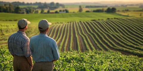 Sticker - farmers looking out over cultivated fields, symbolizing traditional farming and sustainable agriculture. 