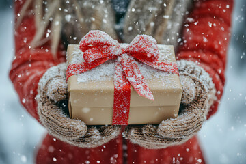 winter holidays, christmas and people concept - close up of happy woman with present or gift box out