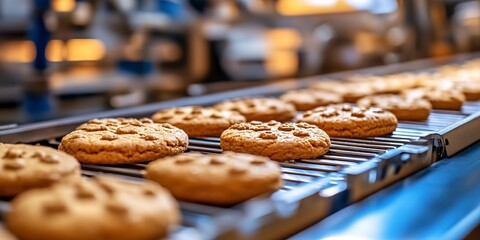 Poster - Automatic bakery production line with sweet cookies on conveyor belt equipment machinery in confectionary factory workshop, industrial food production  