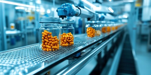 Canvas Print - Automated Robotic vitamins, dietary supplements or medicine tablets Line. Pharmaceutical production plant indoors  