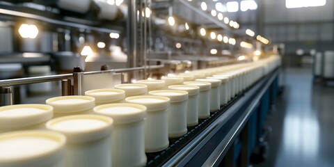 Poster - Automated Robotic natural dairy products yogurt Line. Industrial food production plant indoors 