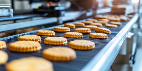 Poster - automated production line with conveyor belt making cookies in bakery or confectionery factory  