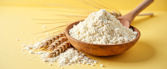 Wall Mural - Wheat Flour in Wooden Bowl with Wheat Spikes