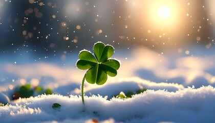 Wall Mural - Snow-kissed fourleaf clover basking in soft sunlight, showcasing the delicate beauty of nature through AI generative technology