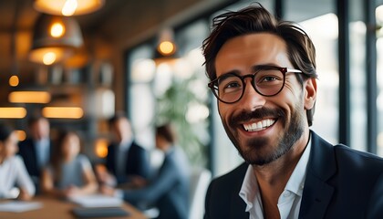 Inspiring Leadership: A Businessman Motivates Employees with a Radiant Smile and Empowering Speech