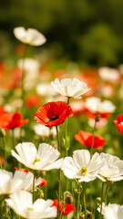 Wall Mural - a single red poppy flower in a field of white flowers