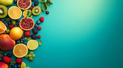 Colorful fruits and berries arranged on a turquoise background with copy space.