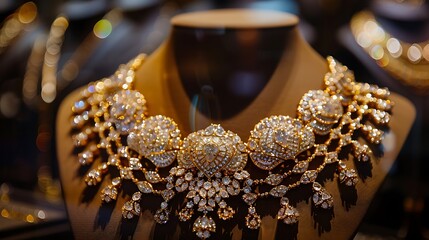 Close-up view of a luxurious diamond necklace displayed on a mannequin in a jewelry store.